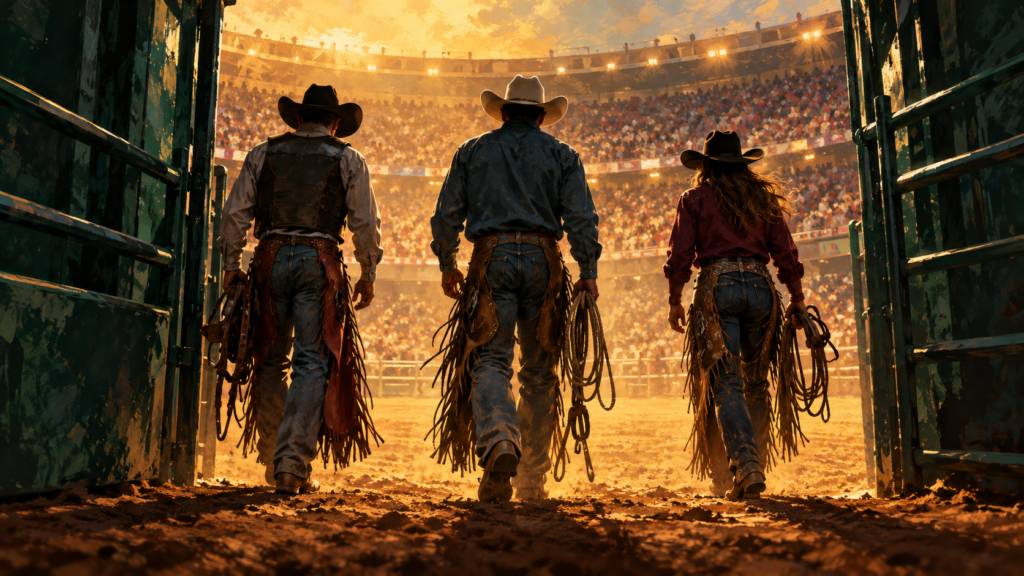 AI-generated editorial illustration of three anonymous rodeo competitors walking toward an arena
