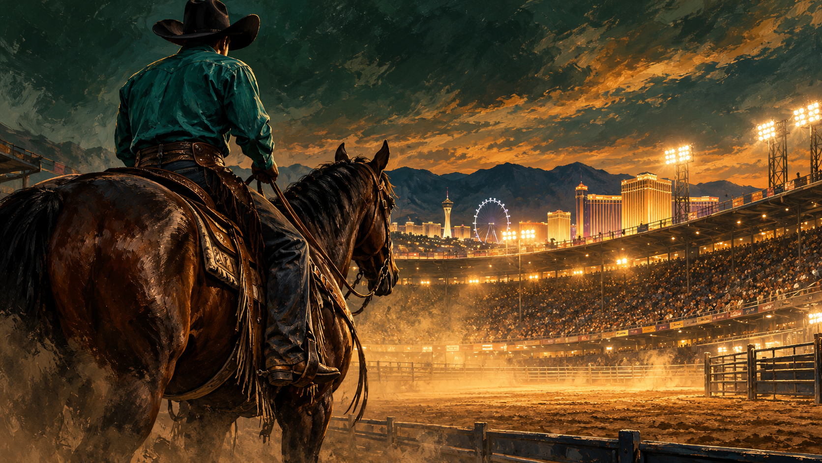 AI-generated editorial illustration of an anonymous cowboy on horseback overlooking a Las Vegas arena